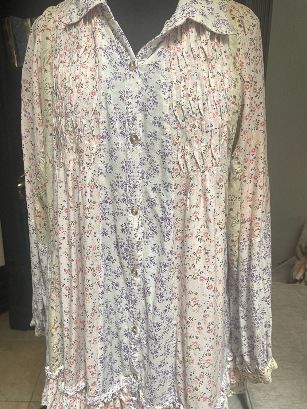Free People Button-Front Floral Blouse in Cream, Lavender and Pink